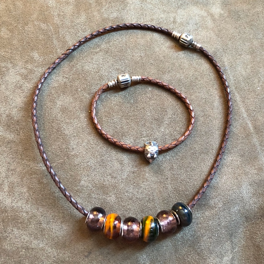 Pandora Leather Bracelet & Necklace Set with 7 Charms